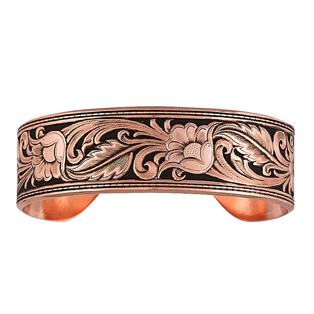 Bc2598c-bk Burnished Leathercut Floral Cuff Bracelet By Montana Silversmiths