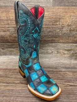8139350060b Women's Patchwork Black And Teal Square Toe Boot By Ferrini