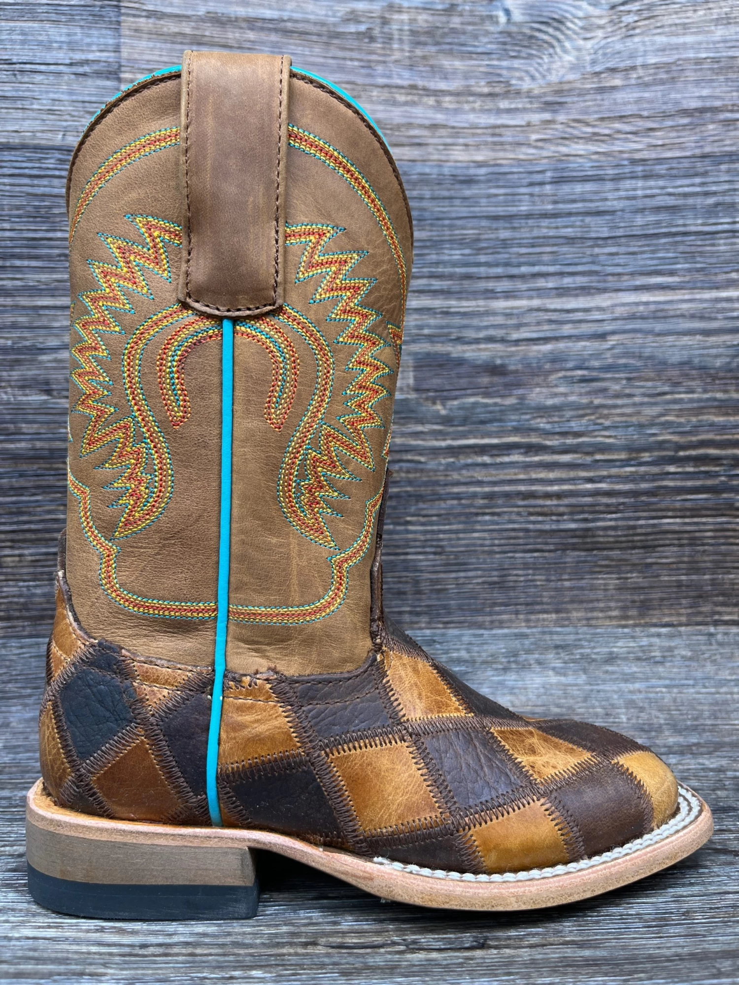 Hpk1053 Kid's Crazy Train Patchwork Square Toe Western Boot By Horse Power - Image 2