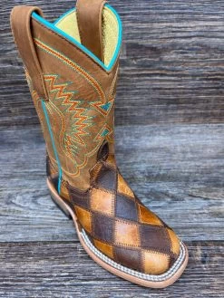 Hpk1053 Kid's Crazy Train Patchwork Square Toe Western Boot By Horse Power