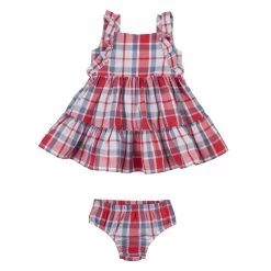 Pqd200m Baby Girl Square Neck Tiered Plaid Dress With Diaper Cover By Wrangler
